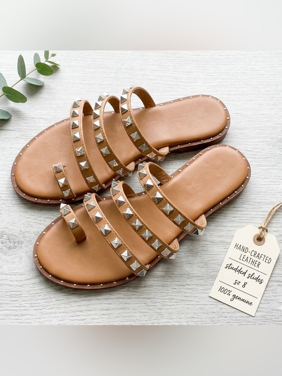 Sincerly Jules Shoes - Sincerely Jules Studded Tan Leather Multi-tStrap Slide Sandals tan slipper camel